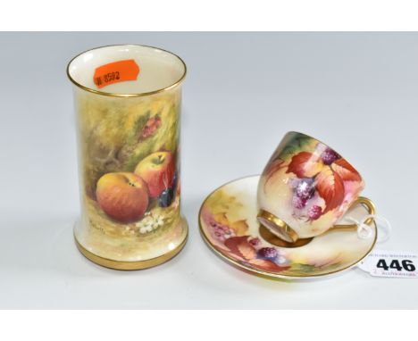 THREE PIECES OF ROYAL WORCESTER 'FALLEN FRUITS' PORCELAIN, comprising a cylindrical vase, shape no 2510, painted with apples,