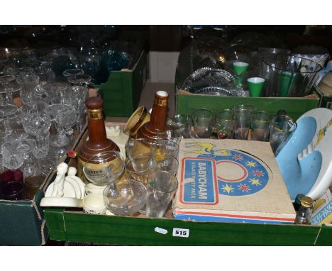 FIVE BOXES OF GLASS WARE, ADVERTISING TINS AND CERAMICS, to include a boxed Babycham Party Pack of six glasses and paper coas