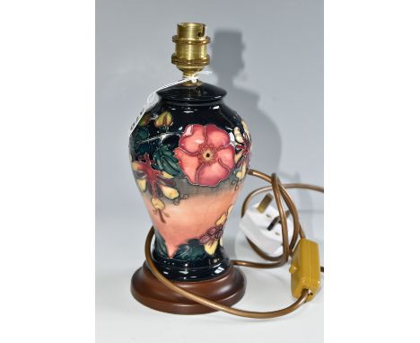 A MOORCROFT POTTERY 'OBERON' LAMP BASE, designed by Rachel Bishop, height 23cm including wood stand and brass fitting (1) (Co