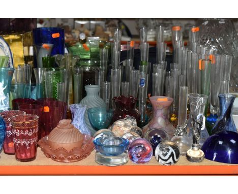 A COLLECTION OF COLOURED GLASSWARE, comprising two turquoise 'Mary Gregory' vases (one chipped), a small collection of Caithn