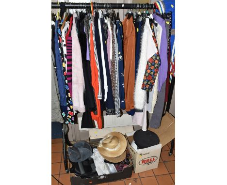 A SMALL QUANTITY OF LADIES' CLOTHING ETC, to include blouses, jumpers, skirts and trousers etc., sizes 10-14, together with a