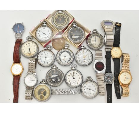 A BOX OF ASSORTED WATCHES, to include twelve 'Ingersoll' pocket watches, together with eight additional watches, names to inc