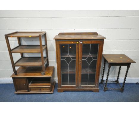 A SELECTION OF 20TH CENTURY OAK FURNITURE, to include a double door lead glazed bookcase, width 92cm x depth 33cm x height 12