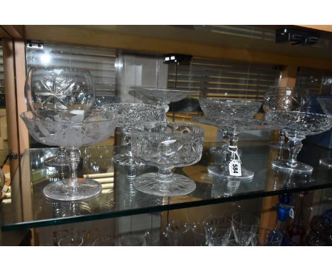 A COLLECTION OF TAZZA, COMPOTE AND BON BON DISHES, ten assorted designs comprising a rose etched bon bon dish, grape vine etc