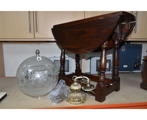 A SMALL DROP LEAF SIDE TABLE AND GLASS LIGHT SHADE, comprising a dark oak dropleaf side table by Bevan Funnell, height 48cm t