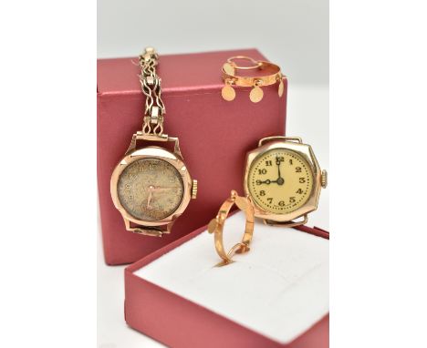 TWO LADIES WATCHES AND A PAIR OF HOOP EARRINGS, to include a ladies manual wind watch, discoloured Arabic numeral dial, polis