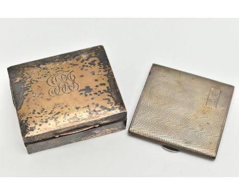A SILVER CIGARETTE CASE AND BOX, the square form cigarette case with engine turned pattern and engraved cartouche, push butto