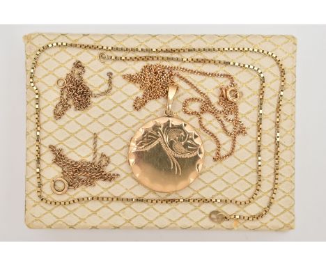 A 9CT GOLD LOCKET AND ASSORTED CHAINS, a circular form locket with scalloped and acanthus detail, approximate width 26mm, hal