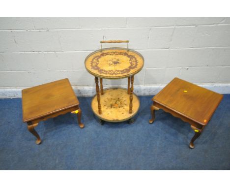 AN ITALIAN CIRCULAR TWO TIER TEA TABLE, each tier with brass gallery, top tier with a single handle, diameter 51cm x height 7
