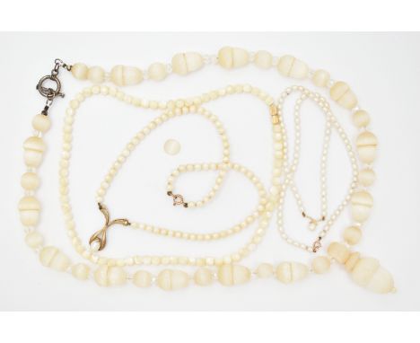 FOUR NECKLACES, the first a Victorian gypsum/selenite carved acorn beaded necklace, restrung with modern beads and clasp, a m