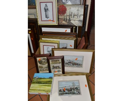 A QUANTITY OF PICTURES AND PRINTS ETC, to include a large print depicting a scene from a tapestry depicting 'The Flight of th