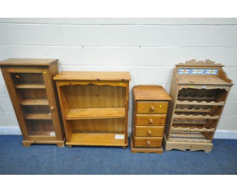 A 19TH CENTURY STYLE PINE WINE RACK, with raised tile back, width 59cm x depth 25cm x height 117cm, a chest of four drawers, 