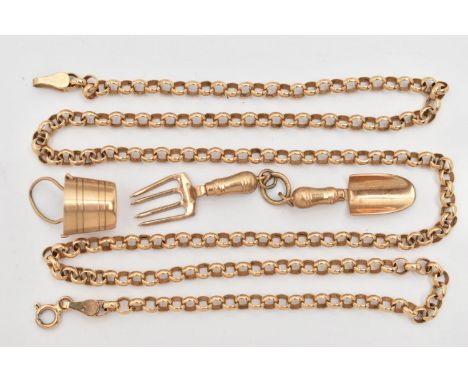 A 9CT GOLD CHAIN AND TWO CHARMS, a yellow gold belcher chain necklace, fitted with a spring clasp, approximate length 515mm, 