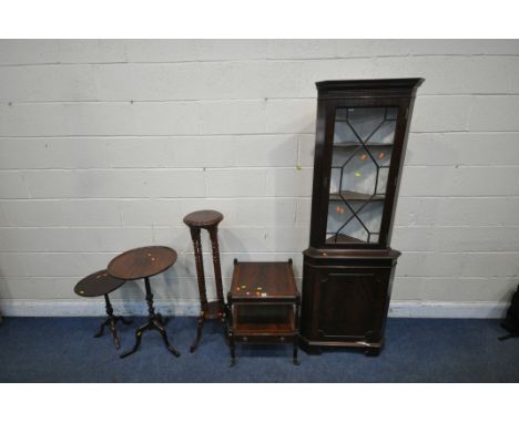 A SELECTION OF 20TH CENTURY MAHOGANY OCCASIONAL FURNITURE, to include two tripod tables, a plant stand, a lamp table and a co
