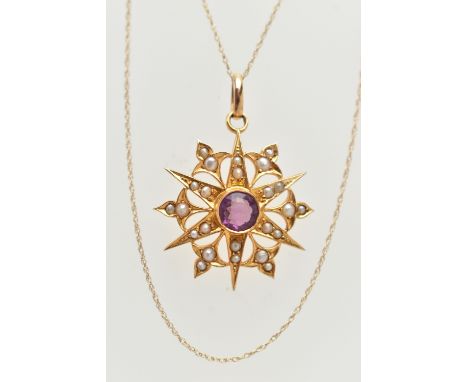A YELLOW METAL AMETHYST AND SPLIT PEARL PENDANT NECKLACE, star shape pendant, set with a central circular cut amethyst, colle