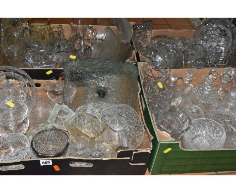 FOUR BOXES OF GLASSWARE, to include oil and vinegar decanters, vases, fruit bowls, light shade, dessert dishes, sugar sifters