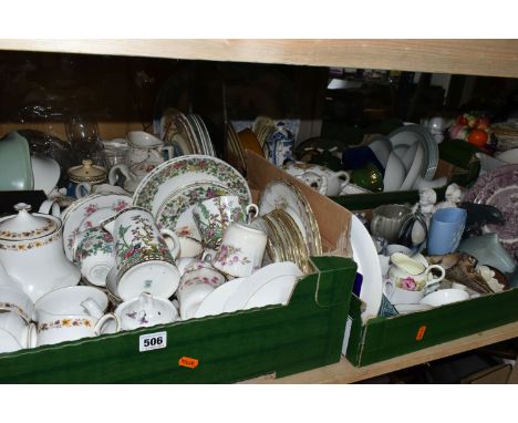 SIX BOXES OF CERAMICS AND TEA WARE, to include a Copeland Spode Prunus pattern vase, Coalport 'Indian Tree' pattern tea ware,