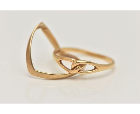 TWO RINGS, the first a 9ct gold V-shape band ring, 9ct hallmark, approximate ring size O, approximate gross weight 1.1 grams,