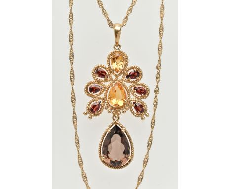 A 9CT GOLD GEM SET PENDANT NECKLACE, the large drop pendant set with a pear cut smoky quartz dropper, two pear cut citrines, 