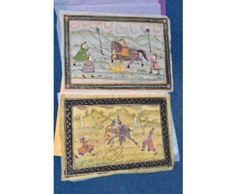 TWO 20TH CENTURY INDIAN / PERSIAN PAINTINGS ON SILK, the first depicting a hunting scene with a Tiger attacking a Camel with 