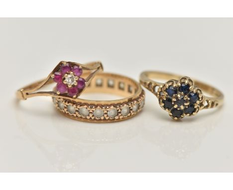 THREE GEM SET RINGS, the first a sapphire floral cluster, hallmarked 9ct London, ring size N, the second a ruby and diamond f