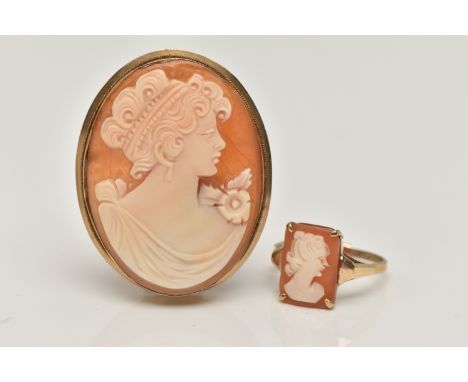 A 9CT GOLD CAMEO RING AND A CAMEO BROOCH, the rectangular carved shell cameo, depicting a lady in profile, four claw set to a
