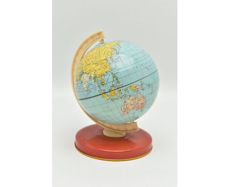 A SECOND HALF 20TH CENTURY CHAD VALLEY STYLE CHILD'S TERRESTRIAL TIN PLATE GLOBE, height 16cm (Condition Report: appears unma