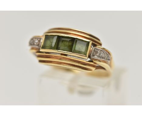A TOURMALINE AND DIAMOND RING, designed as three square cut tourmalines in a channel setting, with rose cut diamonds to the t