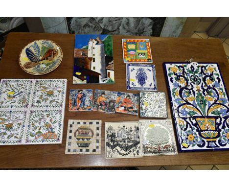 A COLLECTION OF CERAMIC TILES, comprising a Spanish 'Fish' dish marked on the back Valamos, a wall plaque of six blue, yellow