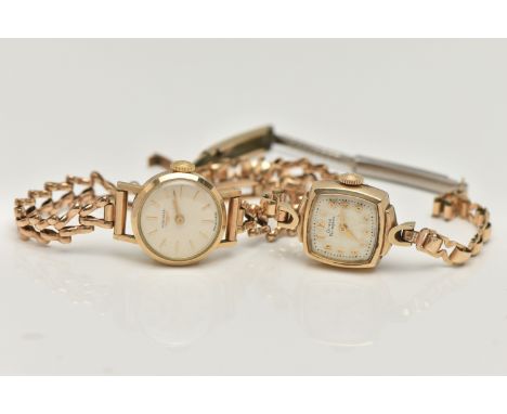 TWO WRISTWATCHES, the first a ladies 'Longines', hand wound movement, round dial signed 'Longines', baton markers, yellow gol