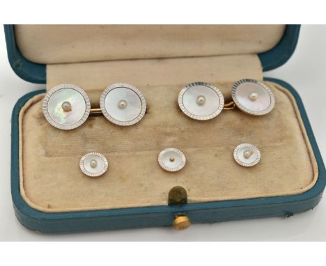 A BOXED SET OF VINTAGE 'TIFFANY &amp; CO' GENTS CUFFLINKS AND SHIRT STUDS, yellow and white metal round cufflinks, with mothe