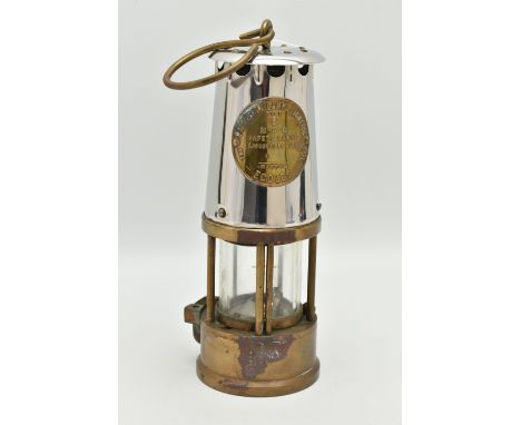 A MID 20TH CENTURY TYPE 6 MINERS LAMP IN BRASS AND CHROME, by The Protector Lamp &amp; Lighting Co Ltd of Eccles, height to  