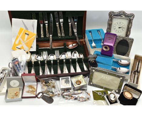 A BOX OF ASSORTED ITEMS, to include a 'Viners' six person wooden canteen, a silver framed mantle clock, hallmarked 'Carr's of