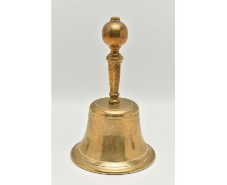 A VICTORIAN STYLE BRASS SCHOOL BELL WITH ENGRAVED BRASS HANDLE, the spherical end on a tapering hexagonal handle with three s
