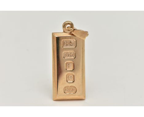 A 9CT GOLD INGOT PENDANT, hallmarked 9ct Birmingham, fitted with a tapered bail, length including bail 35mm, approximate gros