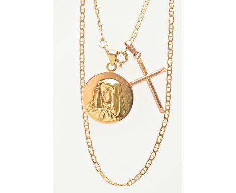 TWO PENDANTS AND A CHAIN, to include a cross pendant, stamped 9kt, approximate weight 1 gram, together with a circular pendan