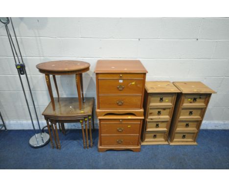 A PAIR OF STAG BEDSIDE CHESTS, fitted with a slide and two drawers, width 53cm x depth 44cm x height 53cm, a pair of corona p