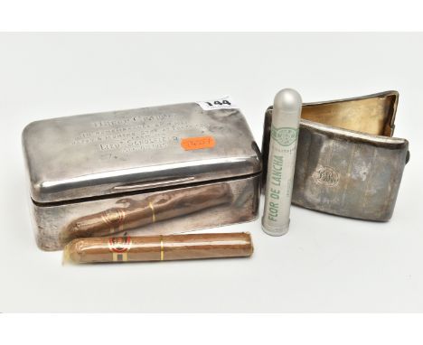 A SILVER TABLE TOP CIGARETTE BOX AND A CIGARETTE CASE, a polished rectangular hinged box, personal inscription to the lid rea