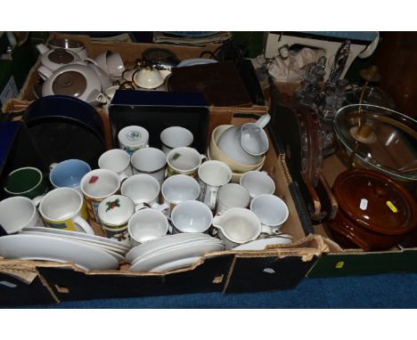 THREE BOXES AND LOOSE CERAMICS, GLASS AND SUNDRY ITEMS ETC, to include a silver plated Elkington &amp;Co condiment set, a Cha