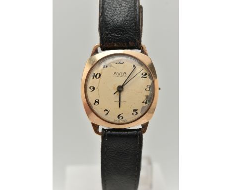 A GENTS 9CT GOLD 'AVIA' WRISTWATCH, manual wind (missing crown), round cream dial signed 'Avia 17 Jewels', very worn with dam