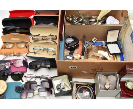 A BOX OF ASSORTED ITEMS, to include a selection of watches names to include Avia, Rotary, Olivia Burton and constant, a Strat