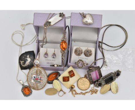 AN ASSORTMENT OF JEWELLERY, to include an AF yellow metal chain bracelet, stamped 375, a single yellow metal earring, a yello