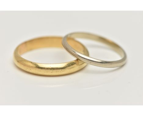 TWO BAND RINGS, both of plain D-shape design, the first yellow gold in colour with personal engraving to inner band, ring siz