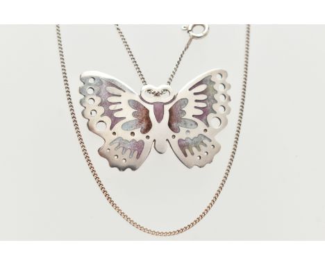 A WHITE METAL PENDANT AND CHAIN, flat pendant in the form of a butterfly, purple and white enamel detail, stamped 'Silver' ma