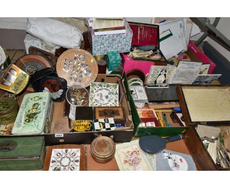 FOUR BOXES OF MISCELLANEOUS SUNDRIES, collectable vintage tins to include a W &amp; R Jacob &amp; Co. Ltd. biscuit tin in the