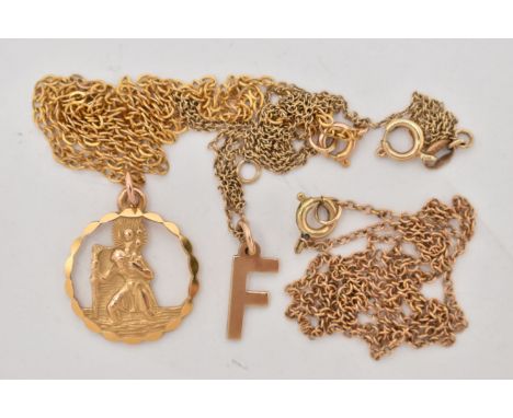 TWO PENDANTS AND THREE CHAINS, to include a St. Christopher pendant, hallmarked 9ct London, fitted with a jump ring for suspe