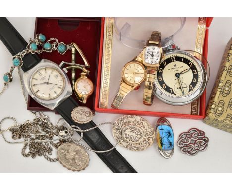 AN ASSORTMENT OF WATCHES AND WHITE METAL JEWELLERY, to include a gents Rotary wristwatch, two ladies wristwatches names to in