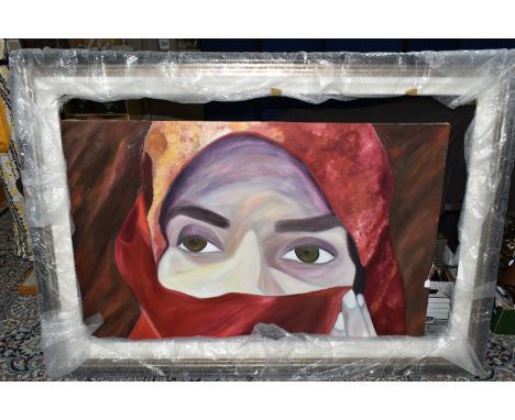 A PORTRAIT OF A FEMALE FIGURE WEARING A FACE COVERING, unsigned but inscribed Preet A2 Exam to the top edge, oil on canvas, a