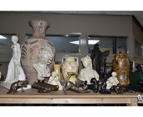 A QUANTITY OF BRONZED RESIN AND PLASTER FIGURES, QUARTZ WALL AND MANTEL CLOCKS, GLASS VASES, ETC, including a Masons Ironston