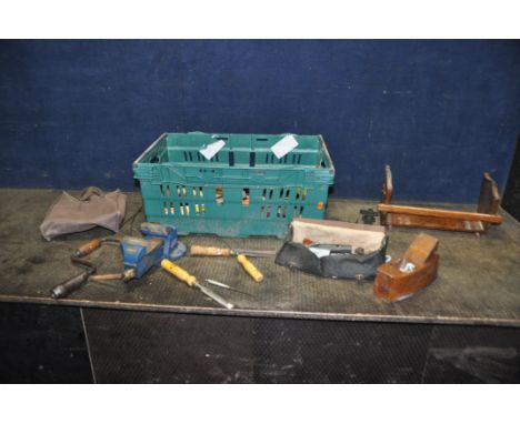 A TRAY CONTAINING VINTAGE TOOLS AND HARDWARE including a Kelson wooden coffin plane, a Record No 1 engineers vice, a Brace, v